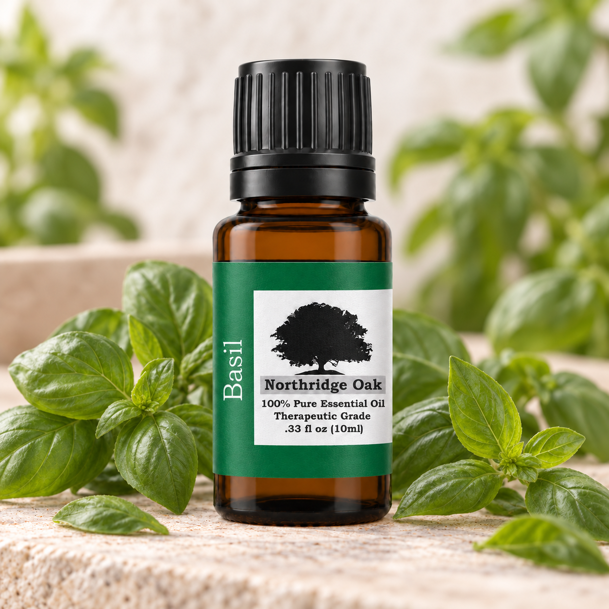 Northridge Oak Basil essential oil with fresh basil leaves