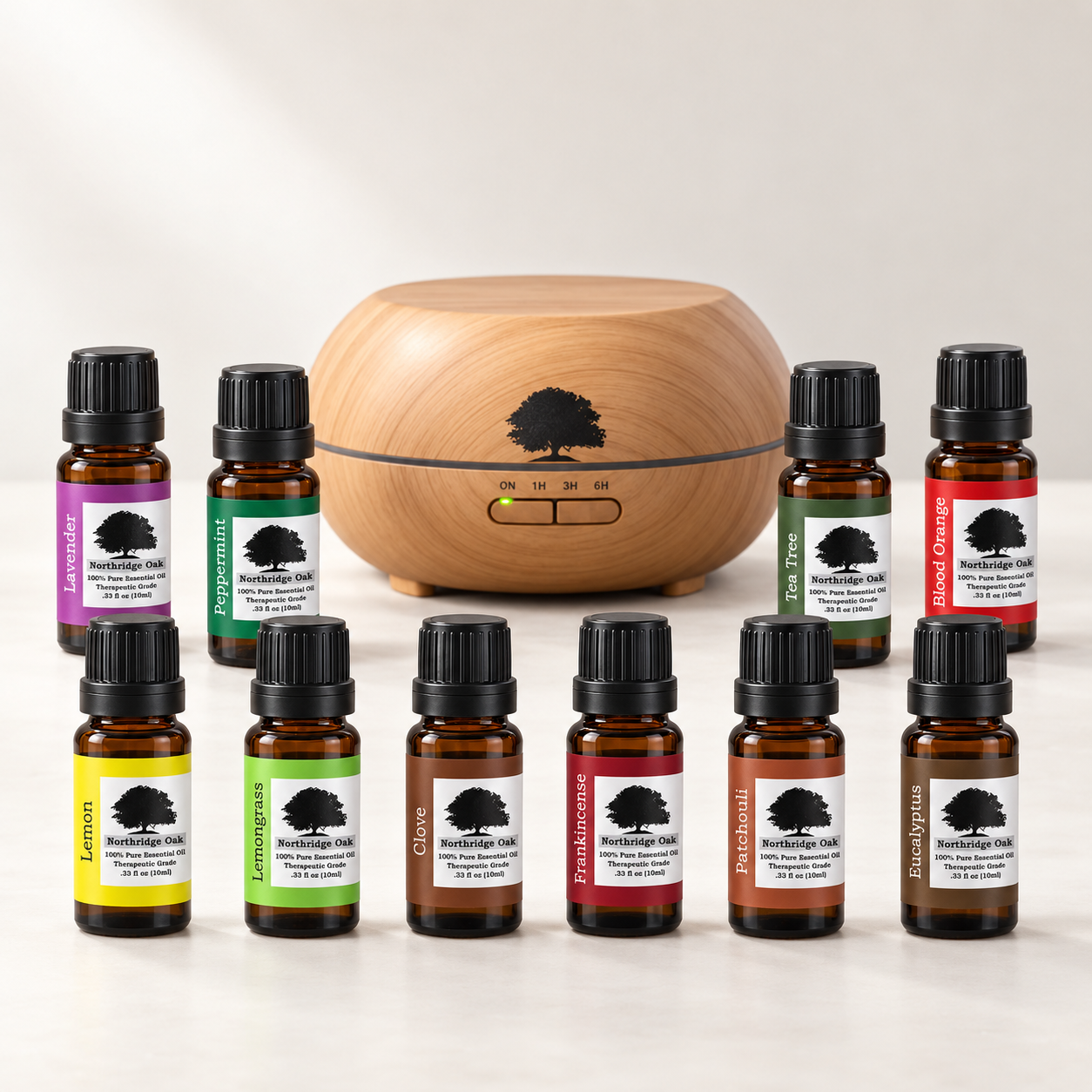 Northridge Oak Essential Oil Starter Set with 10 essential oils and Arlington diffuser