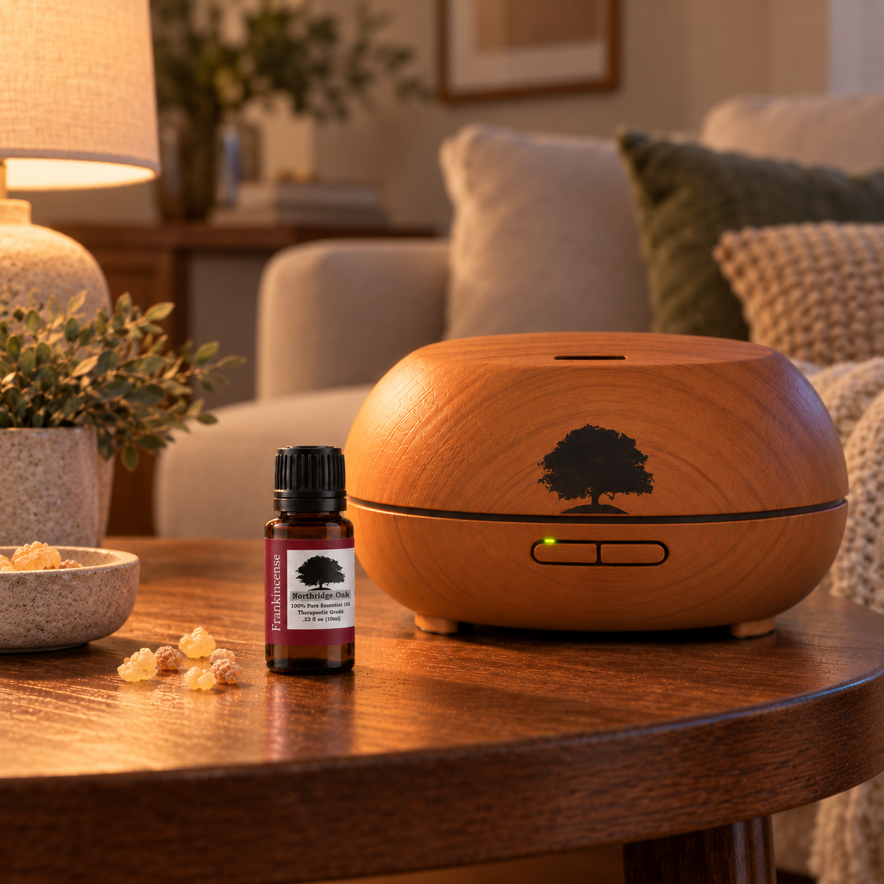 Frankincense essential oil and diffuser in a warm living room