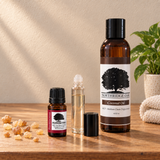 Frankincense essential oil with coconut carrier oil and roller bottle for topical use
