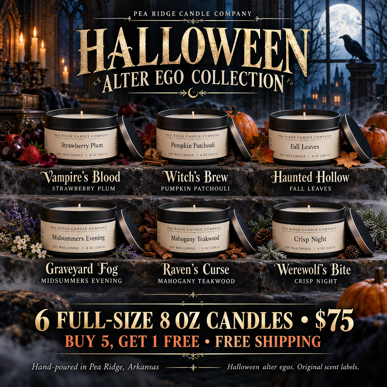 Halloween Alter Ego Collection — six full-size 8 oz Pea Ridge Candle Company candles for $75.