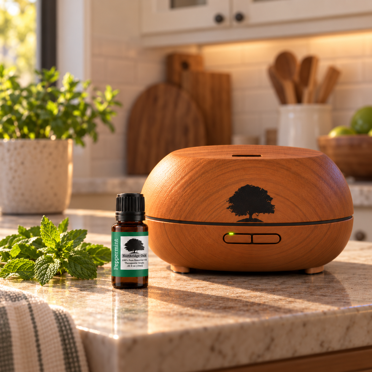 Northridge Oak Peppermint Essential Oil and diffuser in a warm kitchen setting