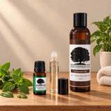 Peppermint Essential Oil with coconut oil and a clear roller bottle for topical use