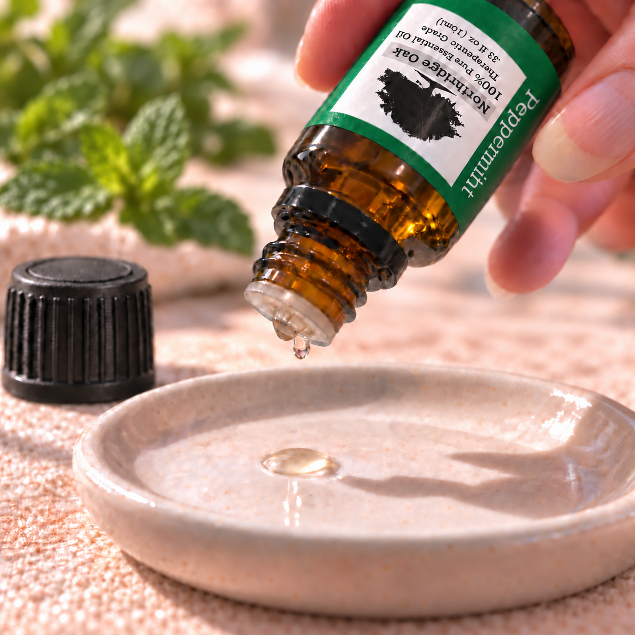 Peppermint essential oil dispensing through an orifice reducer