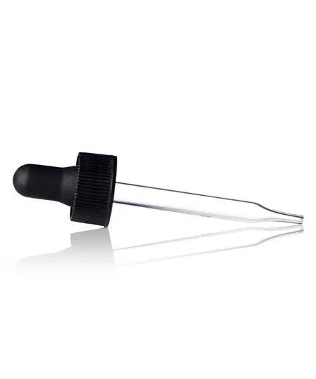 Black PP 20-400 ribbed skirt dropper assembly with rubber bulb and glass pipette (fits 1 oz bottle) - Northridge Oak